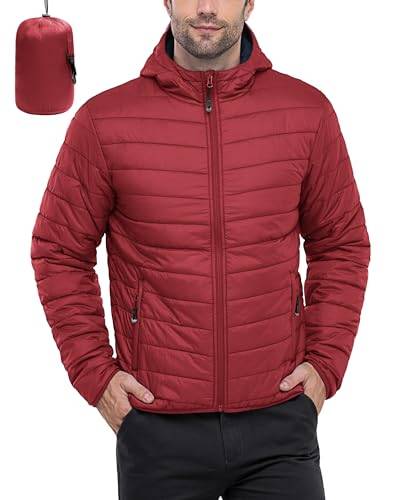 33,000ft Herren Leichte Steppjacke Outdoor Wasserbeständige Übergangsjacke Warme Winterjacke für Männer, Kapuze Wintermäntel Pufferjacke Verstaubar Rot Blau 2XL von 33,000ft