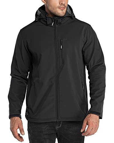 33,000ft Wasserdichte Herren-Jacke, Fleece-Futter, Softshell-Jacke, mehrere Taschen, winddichter Mantel mit abnehmbarer Kapuze, Schwarz , XXXXL von 33,000ft