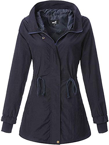 4How Damen Windjacke Übergangsjacke Long Spring Jaket Parka Coat Wind- und Wasserabweisend Regenjacke Mantel Navy DE42 von 4How