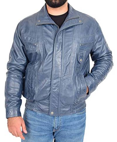 Herren Leder Bomber Jacke Blau Klassisch Legerer Stil Blouson Alan (M) von A1 FASHION GOODS