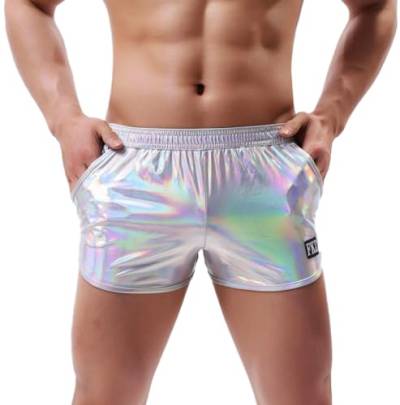 Herren Holografisch Glänzend Metallic Schwimmen Boxer Briefs Trunks Shorts Hot Pants Bikini Badeanzug Bühne Clubwear, silber, L von ABAFIP