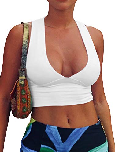 AEPEBO Sexy Crop Tops für Frauen Tiefer V-Ausschnitt Rückenausschnitt Ärmellos Plunge Racerback Tank Cropped Top, Weiss/opulenter Garten, Mittel von AEPEBO