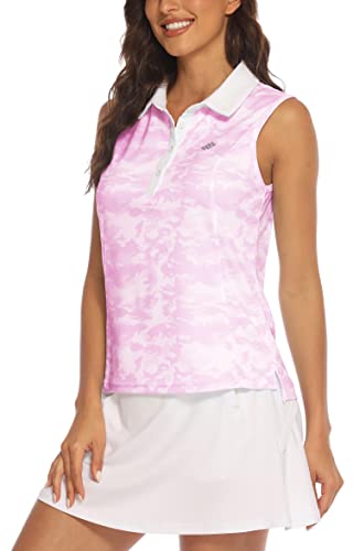 AIRIKE Damen Poloshirt Ärmellos Camouflage Shirt Leichte Golf Sport Polo Sommershirts Atmungsaktiv Top mit Polokragen Camo-Rosa L von MoFiz