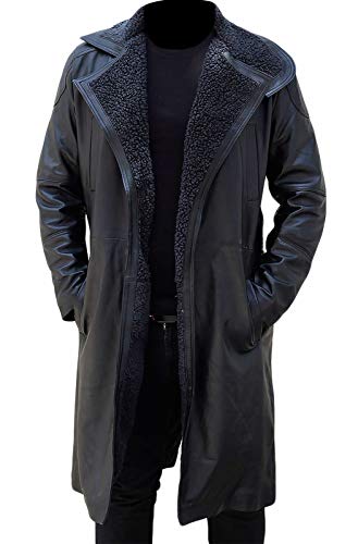 Aksah Fashion Herren Blade Runner 2049 Ryan Gosling Officer K Braun Trenchcoat mit Pelzkragen Leder, Schwarz , M von Aksah Fashion