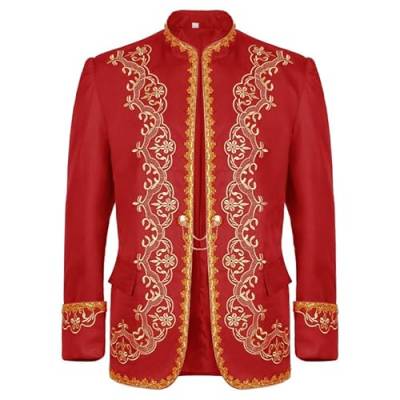 AMCOIN Herren Prinz Kostüm Blazer Steampunk Frack Mantel Männer Schwarzgold Bestickter Smoking Festlich Mittelalter Viktorianischen Retro Jacke (Gold-Kleid - Rot,2XL) von AMCOIN