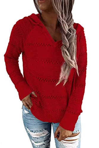ANFTFH Damen 2024 Herbst Gestreifte Farbblock Hoodies Mode V-Ausschnitt Strickpullover Pullover Rot L von ANFTFH