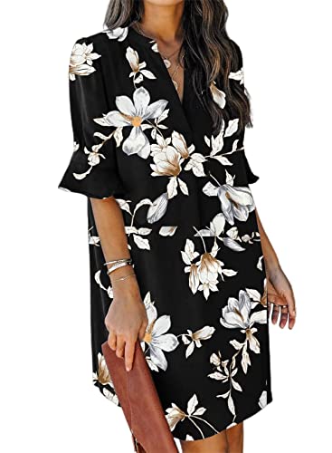 ANFTFH Damen Sommer Kurz Kleid Blumen Beach Dress V-Ausschnitt Kurzarm Sommerkleid Partykleid Schwarze Blume S von ANFTFH