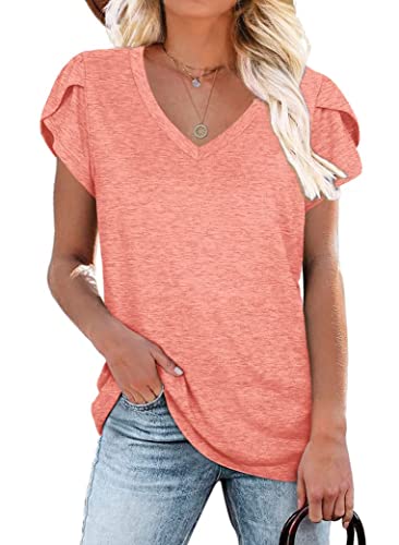 ANFTFH Damen Tshirt Sportshirt Damen Kurzarm Einfarbiges Basic-Top mit V-Ausschnitt Rosa S von ANFTFH