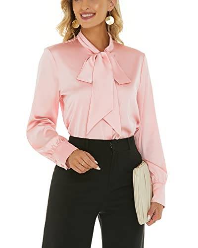 Escalier Damen Seidenbluse Fliege Hals Langarm Satin Knopfleiste Hemd Casual Büro Bluse Top, rose, Mittel von ANNA&CHRIS