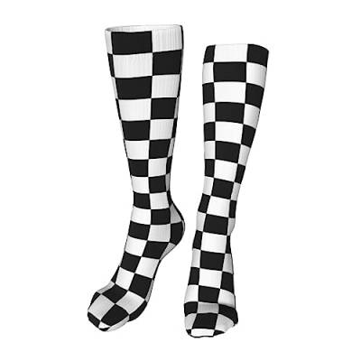 AOOEDM Schwarz-weiße Socken mit kariertem Muster, hohe Kniestrümpfe, Schlauchsocken, Kompressions-Laufstrümpfe, lange Sportsocken für den Außenbereich, 20 Zoll von AOOEDM