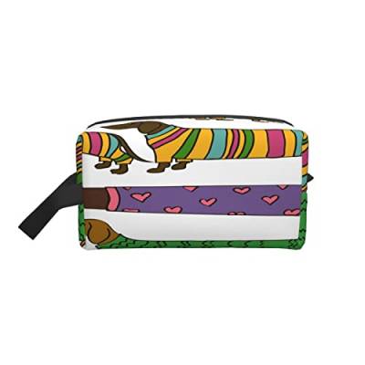 AOOEDM Langer Dackel Hunde Kulturbeutel Lustiges Cartoon-Tier gekleidet in Bunte Kleidung Make-up-Tasche Reise-Kosmetiktasche Kleine Tasche Aufbewahrungstasche Organizer für Frauen Männer Geschenk von AOOEDM