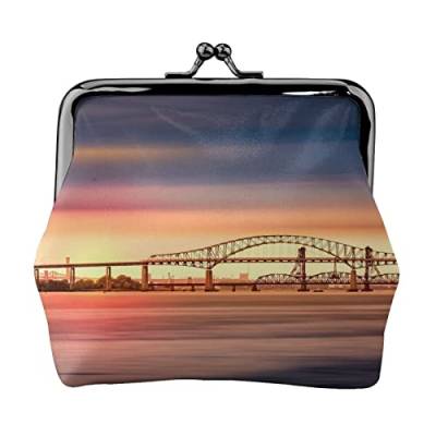 Newark Bay Bridge und Sunset Print Kleine Geldbörse mit Kussschloss Ledertasche Kleingeldbörse Geschenke für Männer und Frauen von AOOEDM