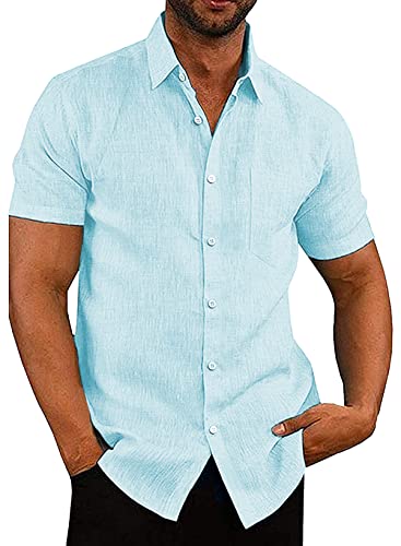 APOONABA Hemd Herren Freizeithemd Einfarbig Kurzarm Shirts Sommer Hemden für Herren Button down Baumwolle Western Bluse Strand Frühling Coton T-Shirts Himmelblau L von APOONABA