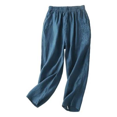 ARESU 2023 Lässige Baumwoll-Leinen-Hosen für Damen, Retro-Taschen, lose Haremshosen, Damen, einfarbig, elastische Taille, weites Bein, Pantalon-Dunkelblau-XL von ARESU