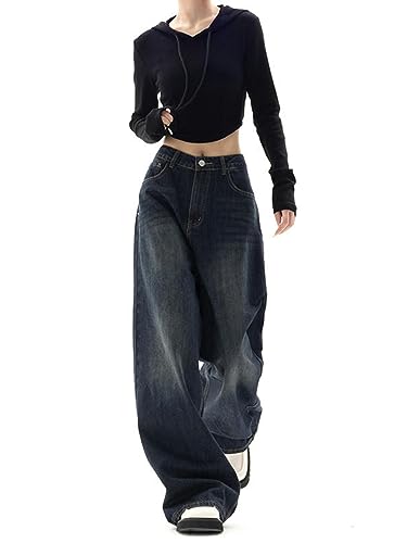 ARESU Jeans mit weitem Bein für Damen, koreanische Mode, Harajuku, Baggy-Denim-Hose, übergroße Streetwear, Vintage-Stil, Y2k-Herbst-Freizeithose-1-L von ARESU