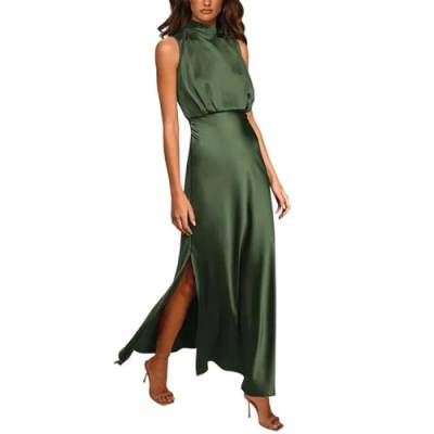 ARESU Vintage-Kleid mit Stehkragen, ärmellos, Satin, Damen, elegant, hoch geschlitzt, formelles Party-langes Kleid, weiblich, schlanke Taille, Abendkleid, Armeegrün, M von ARESU
