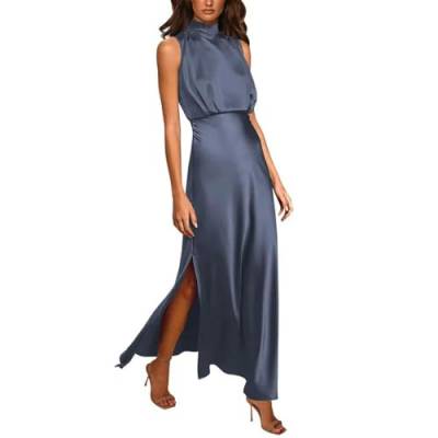 ARESU Vintage-Kleid mit Stehkragen, ärmellos, Satin, Damen, elegant, hoch geschlitzt, formelles Party-langes Kleid, weiblich, schlanke Taille, Abendkleid, Marineblau, M von ARESU