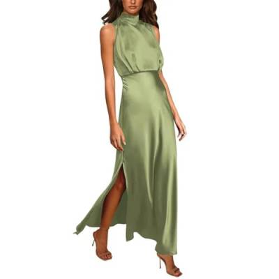 ARESU Vintage Stehkragen, ärmellos, Satin-Kleider für Damen, elegant, hoch gespalten, formelles Party-langes Kleid, weiblich, schlanke Taille, Abendkleid, Grün, S von ARESU