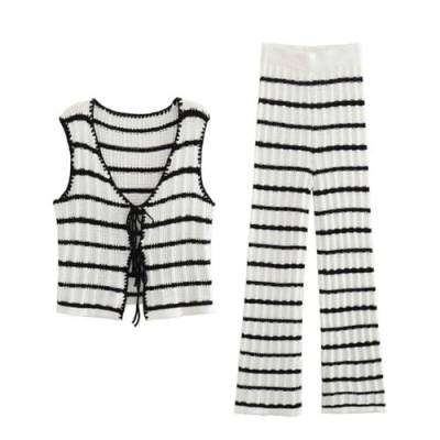 ARESU Weiß-schwarz gestreiftes langes Hosen-Set für Damen, schicke, Kurze Weste, hohe elastische Taille, Zweiteilige Sets, weibliches Sommer-Street-Outfit, komplettes Set, L von ARESU
