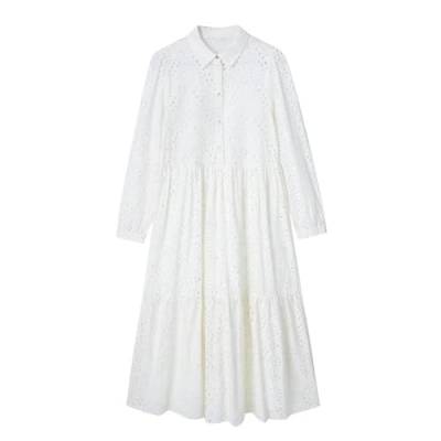 ARESU Weißes Stickerei-Kleid für Damen, Ausgeschnitten, langes Kleid, Damen-Sommer-Hemd, Midi-Kleider für Damen, langärmliges Damenkleid mit Kragen, Weiß-L von ARESU