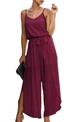 ASOMI Jumpsuit Damen Sommer Lang: Sexy Cocktail Elegant Mode Gürtel Overall Hochzeit Hawaii Urlaub Strand V-Ausschnitt Hosenanzug Business Baggy Festlich Spaghettiträger Outfit 84Rotwein L von ASOMI