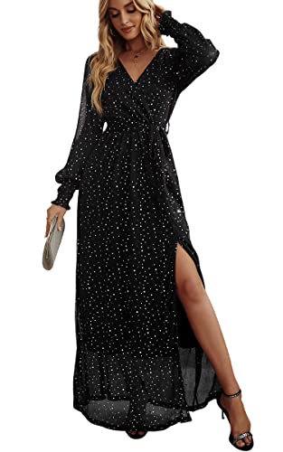 ASOMI Kleid Damen Polka Dot Pailletten Abendkleider Lang Elegant Sexy V-Ausschnitt Langarm Kurzarm Höhe Taille Schlitz Maxikleid mit Gürtel 347 Schwarz Large von ASOMI