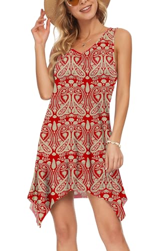 AUSELILY Damen Kleid Sommer Ärmellos Sommerkleid lässig Swing Kurz Strandkleider V Ausschnitt Leichte Blumenmuster Freizeitkleid Kurzes Vertuschung (Boho Blumen Rot, XL) von AUSELILY