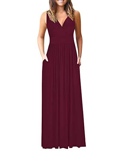 AUSELILY Kleid Damen Lang Elegant Maxikleider Sommer ärmellos tiefem V-Ausschnitt Strandkleid mit Taschen Weinrot M von AUSELILY