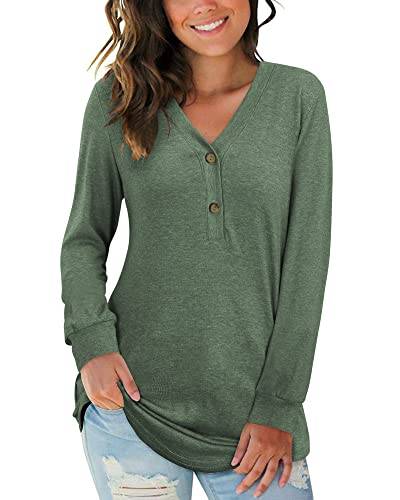 AUSELILY Damen Pullover Langarm V-Ausschnitt Knopf Tunika Oberteile Henley Blusen Kausales Lose T Shirts(Armeegrün,M) von AUSELILY