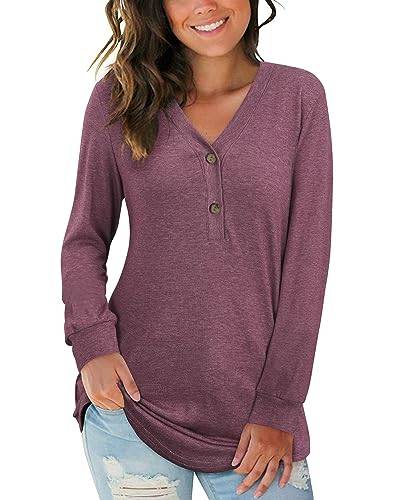 AUSELILY Damen Pullover Langarm V-Ausschnitt Knopf Tunika Oberteile Henley Blusen Kausales Lose T Shirts(Mauve,XL) von AUSELILY