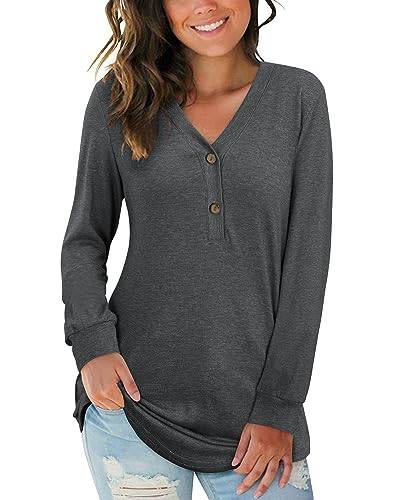 AUSELILY Damen Pullover Langarm V-Ausschnitt Knopf Tunika Oberteile Henley Blusen Kausales Lose T Shirts(Schwarzgrau,L) von AUSELILY