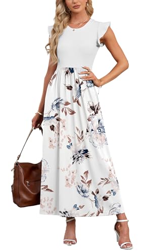 AUSELILY Damen Sommer Kurzarm Rundhalsausschnitt Lockeres Maxikleid Lässiges Hohe Taille Langes Kleid mit Taschen (Weiße Blume,M) von AUSELILY