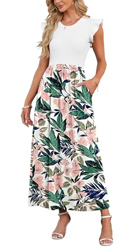 AUSELILY Damen Sommer Maxikleid Rüschen und kurzen Ärmeln Bodenlanger Rock mit Taschen Freizeit Strandkleid Große Größen(Rosa Grüne Blume) von AUSELILY