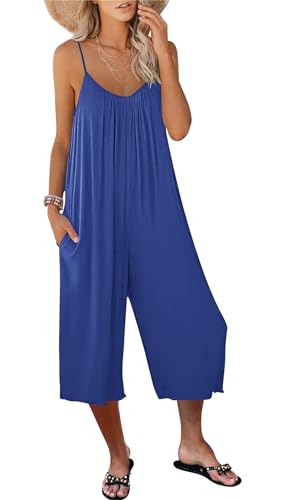 AUSELILY Jumpsuit Damen Sommer Lang Ärmellos Overall Damen Sommer Locker V Ausschnitt Romper Weites Bein Hosenanzug Playsuit mit Taschen Dunkelblau L von AUSELILY