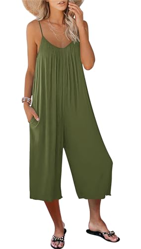 AUSELILY Jumpsuit Damen Sommer Locker Spaghetti-Träger Overall Damen Somme V Ausschnitt Romper Weites Bein Hosenanzug Playsuit mit Taschen Armee Grün XL von AUSELILY