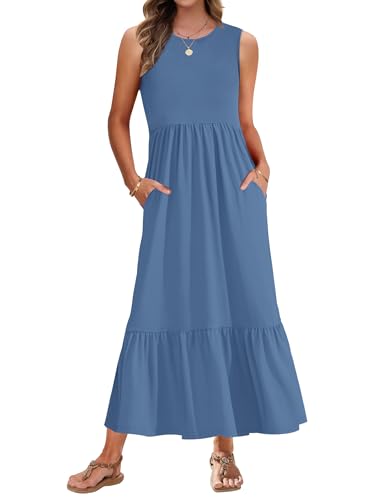 AUSELILY Maxikleid Damen Sommer Ärmelloses Rundhals Kleider Damen Sommer Lang Strandkleid Tank Top Kleider Leicht und Luftig mit Taschen Elastischer Taille Beja Blau M von AUSELILY