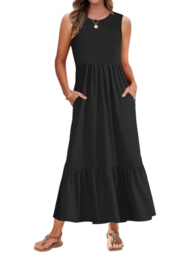 AUSELILY Schwarz Sommerkleid Damen Lang Ärmelloses Maxikleid Damen Sommer Strandkleid Lange Rundhals Tank Top Kleider Leicht und Luftig mit Taschen Elastischer Taille L von AUSELILY