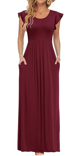 AUSELILY Sommer Freizeitkleid Damen Maxi Langer Rock Rüschen und kurzen Ärmeln Bodenlanger Rock mit Tasche Abendkleider Weinrot M von AUSELILY