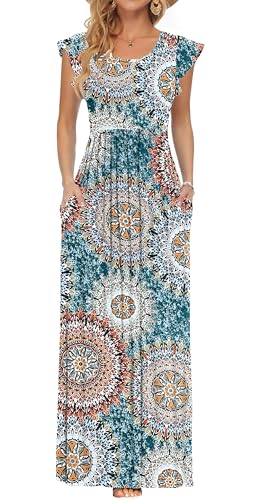 AUSELILY Strandkleid Damen mit Taschen Boho Freizeit Bodenlanger Rock Große Elastischer Locker Abendkleid Rüschen Kurzarm Grün gedruckt L von AUSELILY