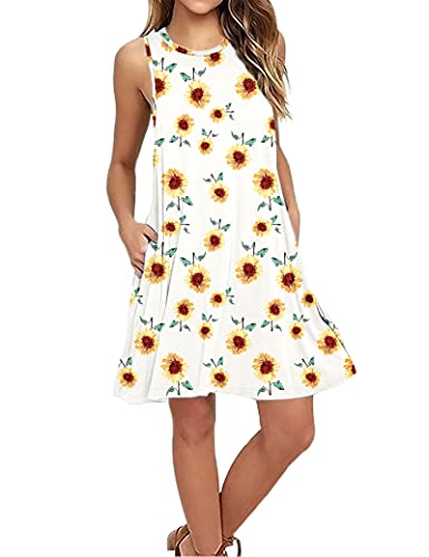 Shirt-Kleid für Damen Ärmelloses Sommer Strand Boho Blumenmuster Urlaubkleid（Kleine Sonnenblume，XL） von AUSELILY