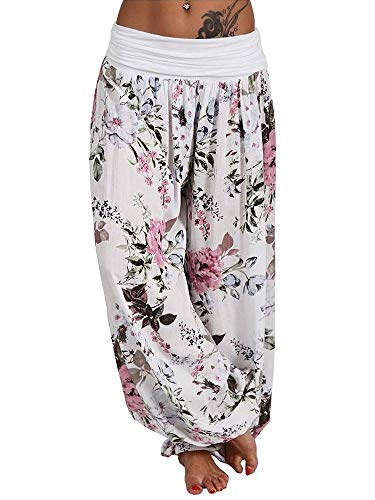 Abtel Haremshose Damen Drucken Yogahosen Lose Pumphose Blumenmuster Sport Pants Women Weiß 3XL von Abtel