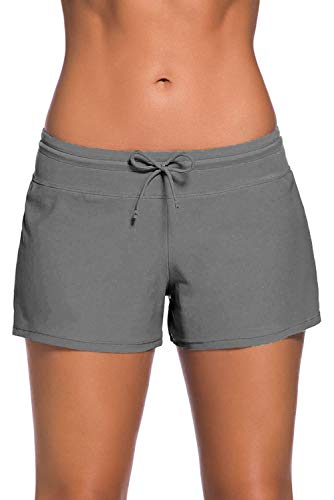 Acfoda Badeshorts Damen Kurze Badehose Boardshorts Schwimmhose Frauen Schnell Trocknendes Schwimmshorts Wassersport Strand Shorts Bikinihose Sommer Schwimm Hose mit UV Schutz Grau 42-44 von Acfoda