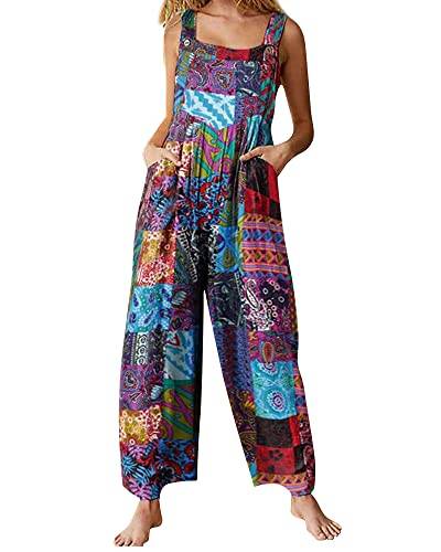 Acrawnni Damen Latzhose Vintage Floral Gedruckt Lose Casual Baggy Ärmellos Overall Lang Jumpsuit Playsuit Hosen Romper (A-Blue, XXXL) von Acrawnni