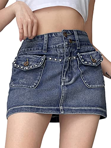 Acrawnni Damen Sommer Casual Slim Plissee Rüschen Denim Röcke Hohe Taille Harajuku Goth Punk Mädchen Y2K Vintage A-Linie Kurze Jeans Mini Röcke, I-blau, 40 von Acrawnni