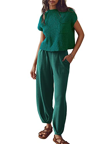 Acrawnni Damen Zweiteilige Outfits Pullover Sets Rippstrick Kurzarm Pullover Tops und Hohe Taille Weites Bein Hose mit Taschen, A-grün, 38 von Acrawnni