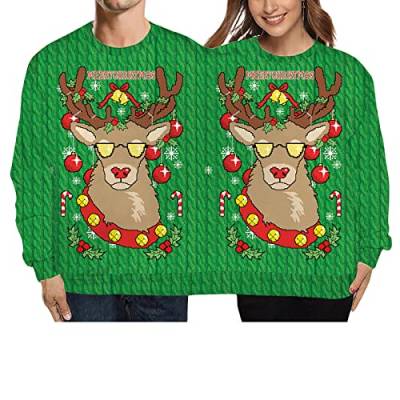 Acrawnni Herren und Damen Zwei Personen Ugly Christmas Sweater 3D Printed Sweatshirt Couple Funny Xmas Conjoined Twin Pullover, A-grüner Hirschkopf, Einheitsgröße von Acrawnni
