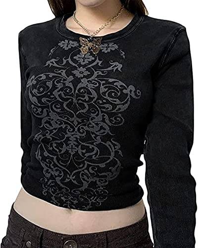Acrawnni Y2K Shirts Langarm-Shirt mit V-Ausschnitt, ästhetisches T-Shirt für Damen, Schwarz , Small von Acrawnni