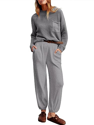 Acrawnni Zweiteilige Outfits für Damen, Pullover-Sets aus Rippstrick, kurzärmelig, Oberteil und Hose mit hoher Taille, weitem Bein und Taschen, B-grau, 36 von Acrawnni