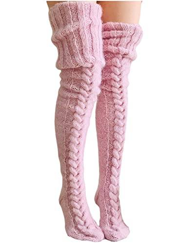 Damen Mädchen Winter Zopfstrick Overknee Socken Oberschenkel Hohe Lange Stiefel Socken Strumpf Beinwärmer (A-Pink, One Size) von Acrawnni