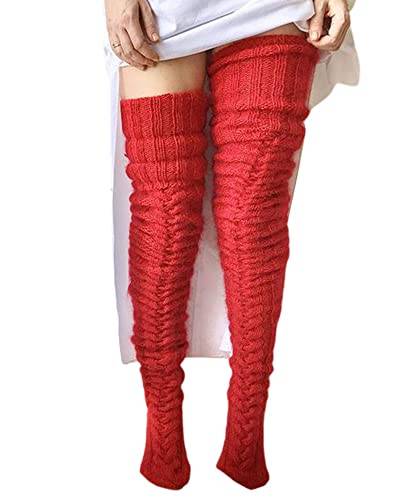 Damen Mädchen Winter Zopfstrick Overknee Socken Oberschenkel Hohe Lange Stiefel Socken Strumpf Beinwärmer (A-Red, One Size) von Acrawnni